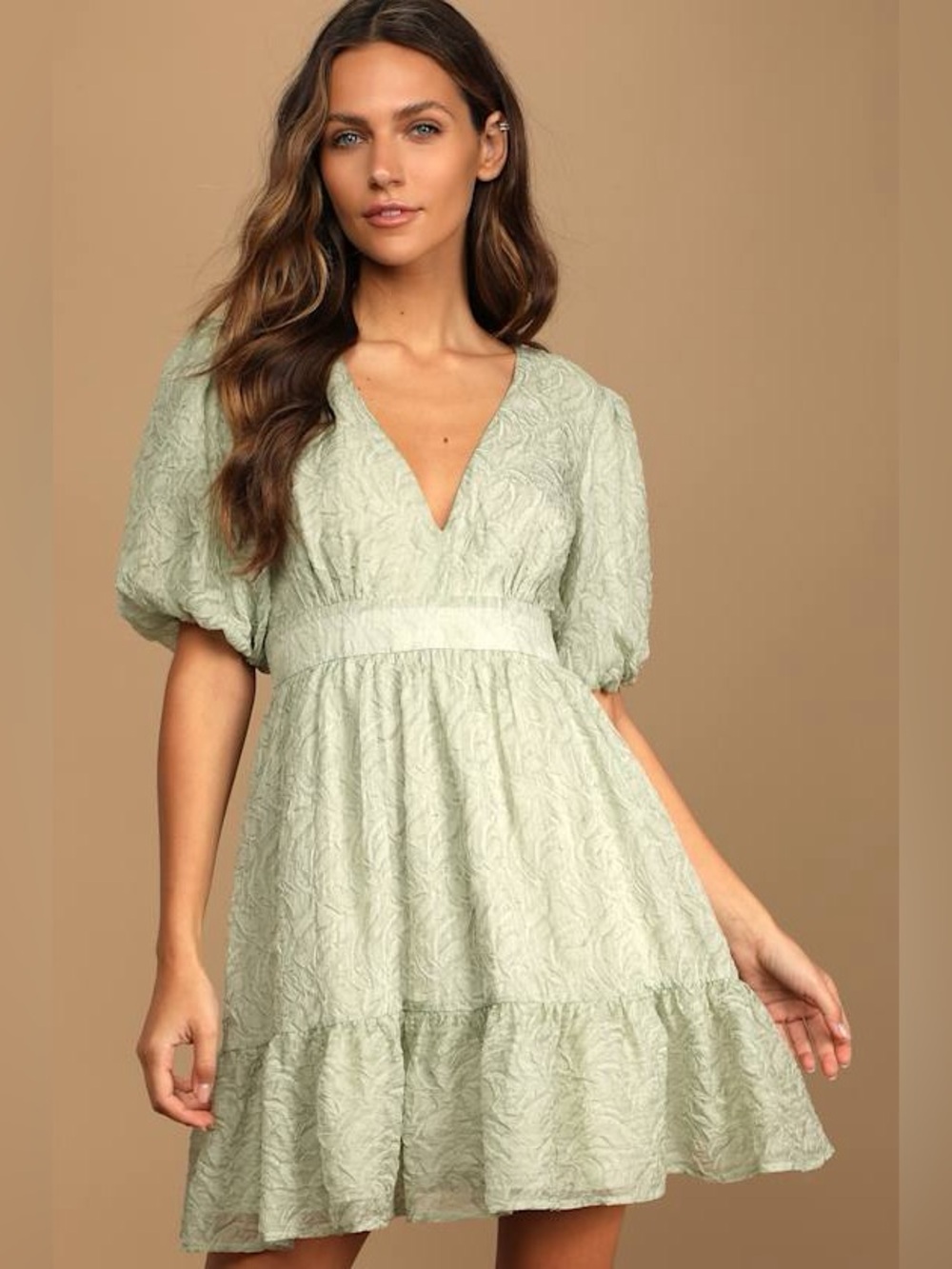 Romantic Waltz Sage Green Organza Puff Sleeve Mini Dress